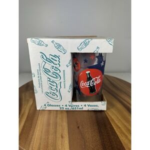 Set of 4 Coca Cola 1998 Indiana Glass Co. Coke Logo Blue Stars Glasses 22oz USA